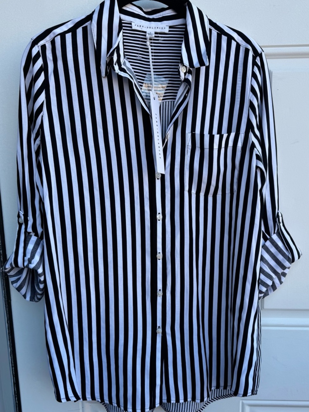 Jane and Delancey Black White Stripe Roll Tab Long Sleeve Button-Up Rayon Shirt